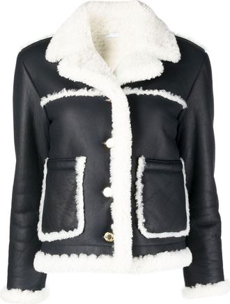 Thom Browne notched-collar shearling-trim jacket - women - Leather/Sheep Skin/Shearling - 38 - Blue