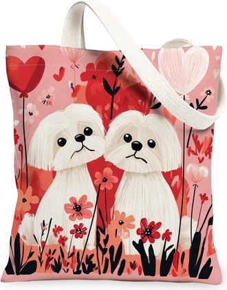 Generic Valentines Day Maltese Dog Canvas Tote Bag for Shopping 13x15, Fun Couple Puppy Reusable Grocery Print Pattern Bag for Women, Lover Beach Aesthetic Pa