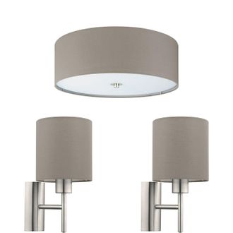 Loops Low Ceiling Light & 2x Matching Wall Lights Taupe Fabric Round Shade Lamp