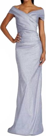 Teri Jon Metallic Ruched Gown In Platinum