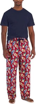Club Room 2-Piece Pajama Set Mens Blue Red Tropical Cotton Short Sleeve UPS996