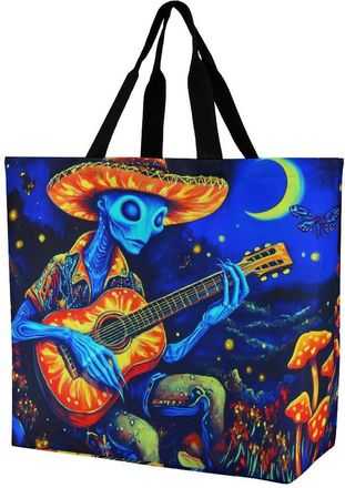 Generic Psychedelic Aliens Playing Guitar In Moon Reusable Shopping Bags Large Capacity Grocery Bag Heavy Duty Tote for Women 40x40x16cm