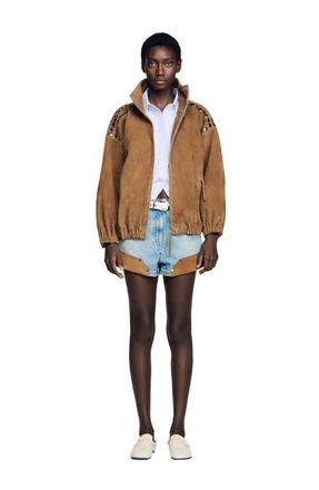 Sandro Studded suede jacket in Camel at Nordstrom, Size 40 Eu