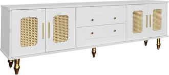 STILVORA Mueble Tv Con 4 Puertas De Rat&aacute;n Pvc Y 2 Cajones Push-to-open, Patas Met&aacute;licas Doradas, En Tablero Aglomerado, Blanco, 175&times;38&times;55,5 Cm