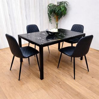 Kosy Koala Marble Glass Dining Table with 4 Diamond Patterned Black Chairs Dining Set for 4 in Brown