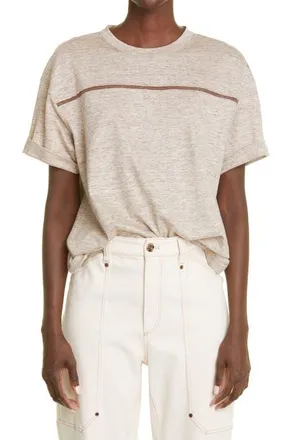 Brunello Cucinelli Monili Stripe Linen Blend T-Shirt in C024 Brown at Nordstrom, Size X-Large