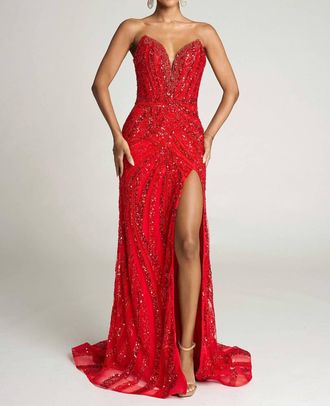 Portia & Scarlett Strapless Beaded Prom Dress In Red