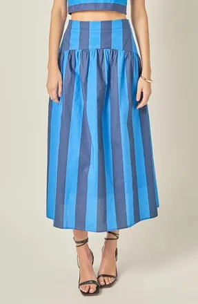 English Factory Striped Cotton Midi Skirt in Cornflower/navy Blue at Nordstrom, Size X-Large