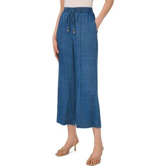 CeCe by Cynthia Steffe Pintuck Chambray Wide Leg Crop Pants in Medium Indigo at Nordstrom, Size Xx-Small