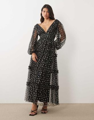 Lace & Beads vestito lungo maxi a strati in tulle trasparente con maniche a palloncino e scollo profondo a pois neri-Multicolore