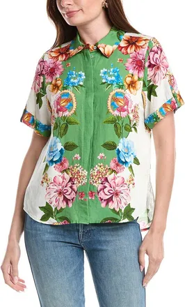 T Tahari Button Down Linen-Blend Blouse