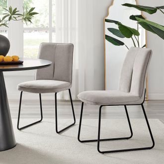 Furniturebox Set of 2 Modern Chic Deep Padded Soft & Durable Stitched Fabric & Black Powder Coated Metal Leg Dining Chairs in Light Grey