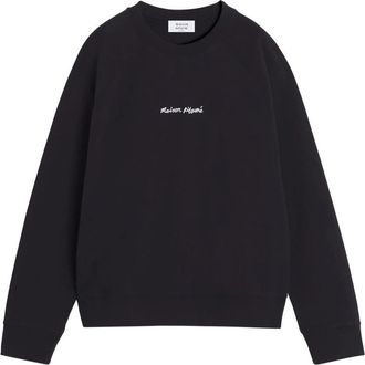 Maison Kitsun&eacute; Black Crewneck Embroidered Raglan Sweatshirt