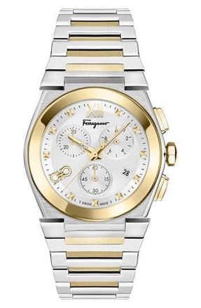 Ferragamo Vega Chronograph Swiss Quartz Bracelet Watch, 40mm in White/Two Tone at Nordstrom Rack