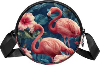 Generic Circle Crossbody Bag for Women, Tropical Flamingos Small Sling Bag Daypack with Zipper Adjustable Shoulder Straps Casual Ladies Girls Round Purse