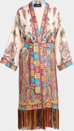 Etro Belted Paisley Silk Fringed Dustcoat