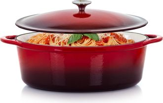 MegaChef 7 Quarts Oval Enameled Cast Iron Casserole in Red