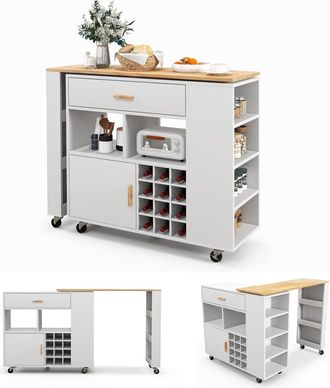 Costway Carrito De Cocina, Carrito De Servicio M&oacute;vil 2 En 1, Carrito De Almacenamiento Con Tapa De Madera De Caucho, Estante Ajustable, Portabotellas, Caj&oacute;n, 
