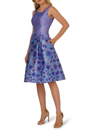 Adrianna Papell Floral Jacquard Fit & Flare Dress in Blue Multi at Nordstrom, Size 14