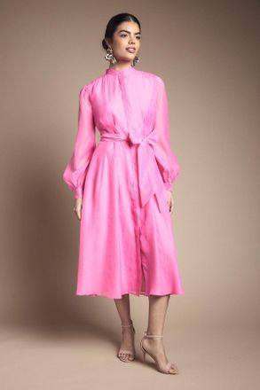 Wallis Womens Textured Organza Midi Shirt Dress - Pink - Size 22 UK