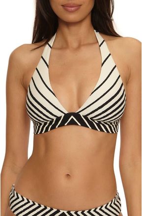 Trina Turk Net Stripe Halter Rib Bikini Top in Black/Vanilla at Nordstrom, Size 12