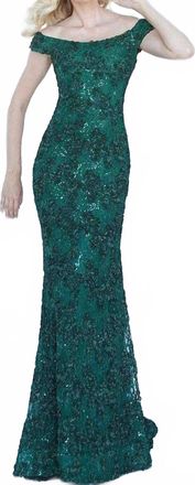 Jovani Off The Shoulder Neckline And Shimmering Sequin Lace Dress In Emerald