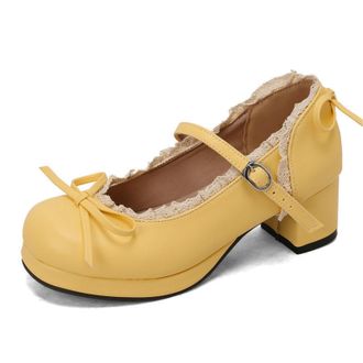 Generic Womens Mary Jane Pumps with Chunky Heel Sweet Style Shoes for Lolita,Yellow,7.5 UK