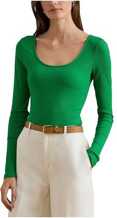 Lauren Ralph Lauren Rib-Knit Long-Sleeve Scoop Neck T-Shirts Womens Clothing Stem : XL, Cotton/Elastane/Modal