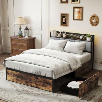 Costway Costway Double Bed Platform Bed with LED Lights & USB Power Outlets in Brown