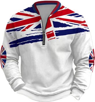 Generic Mens Union Jack Sweatshirt 1/4 Zip Long Sleeve Jumpers Bunting Flags Print Great Britain Pullover Winter Warm Tops Plus Size (A7-White, XXL)
