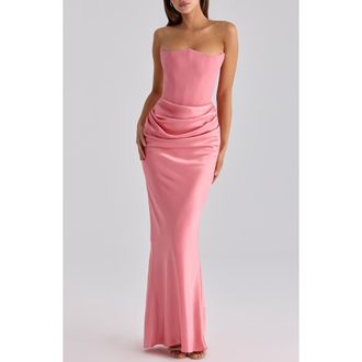 House of CB Persephone Strapless Corset Satin & Stretch Crepe Mermaid Gown in Raspberry at Nordstrom, Size X-Large A
