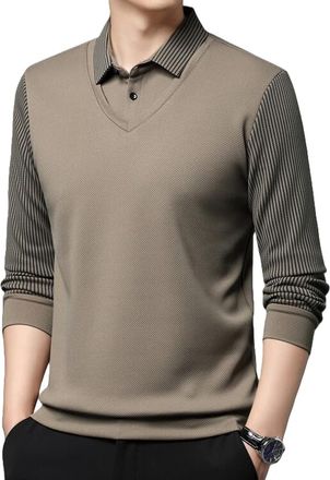 Generic Mens Striped Lapel Fake Two-Piece Shirt, Business Casual Long Sleeve Knit Shirt with Faux Two-Piece Design (UK, Alpha, XXL, Regular, Regular, Khaki)