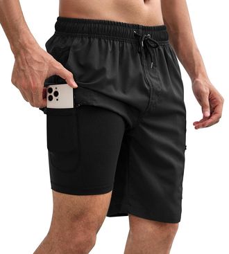 SHEKINI Mens 9 Inch Swim Shorts Zipper Cargo Pockets Quick Dry Board Shorts Swim Trunks with Compression Liner Bathing Suit Black