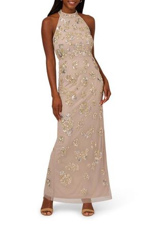Adrianna Papell Sequin Floral High Neck Column Gown in Marble at Nordstrom, Size 14
