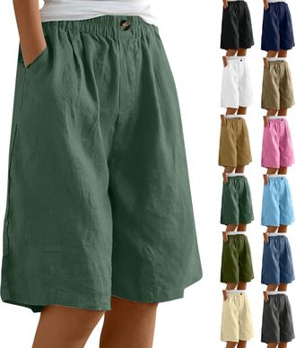 Generic Ladies Shorts Size 14, Womens Cotton Linen UK Summer Knee Length Bermuda Pants with Pockets Elastic Waist Casual Beach Trousers Pull On Wide Leg Women