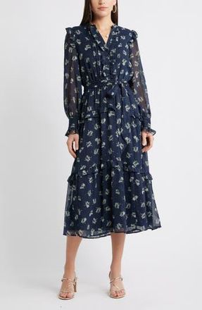 Caslon Floral Fil Coup&eacute; Long Sleeve Midi Dress in Navy Mathilde Floral at Nordstrom Rack, Size Small