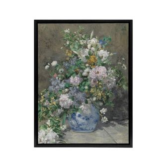 Artery8 Spring Bouquet in Vase Renoir Vintage Black Framed Canvas Wall Art in Grey | Size: W24 x H32