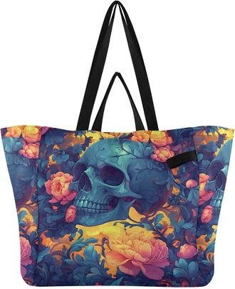 Generic Skull Peony Yellow pattern Reusable Canvas Tote Bag, Heavy Duty Grocery Shopping Bag with Double Handles Large Capacity Hard Bottom Work Groceries Tra