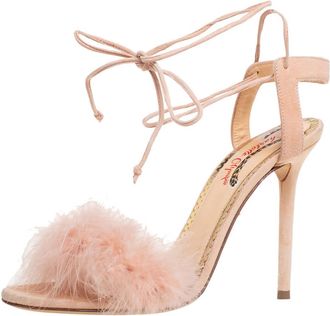 Charlotte Olympia Beige Suede And Feather Embellished Salsa Sandals