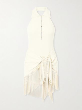 Taller Marmo Completo Costume Da Bagno Con Scollo Allamericana E Pareo Con Frange Tropicana - Avorio