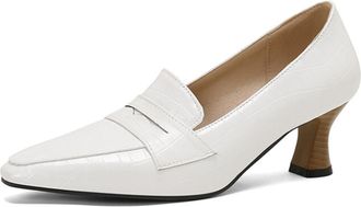 Generic Women Pointed Toe Loafers Solid Color Crocodile Texture Penny Strap Curved Block Heel Slip On Narrow Toe Cap Non Slip Durable Comfortable Dress Shoes,