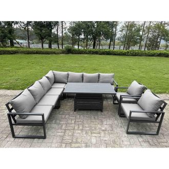 Fimous Aluminum 8 Piece 9-Seater L-Shaped Set with Lifting Table & 2 Chairs in Dark Grey