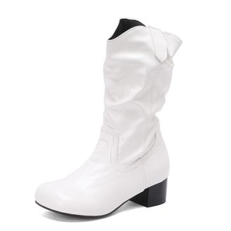 Generic Womens Retro Ruched Mid-Calf Boots with Round Toe Low Block Heels PU Leather Comfortable Anti-Slip Wear-Resistant for Daily Street Casual Party,White,