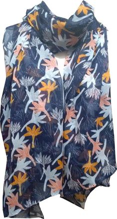 GlamLondon Floral Scarf Womens Leafy Leaf Trees Printed Large Soft Sarong Shawl Ladies Wrap (Navy - Crocus-7016)