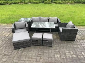 Fimous Rattan Outdoor Furniture Sofa Garden Dining Set with Dining Table 2 Armchairs Side Table 3 Stools 8 Seater in Dark Grey