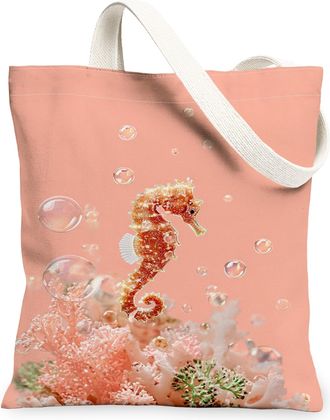 Generic Fanciful Seahorses Canvas Tote Bag, Vintage Coral Reef Design Reusable Grocery Bags, Lightweight Washable Shoulder Strap Ca, Peach, 13x15 Inch