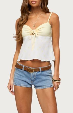 Edikted Tilly Print Tie Back Babydoll Tank in Yellow-And-White at Nordstrom, Size X-Small