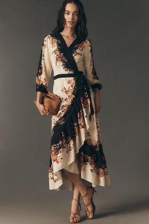 Farm Rio Long-Sleeve Floral Wrap Midi Dress