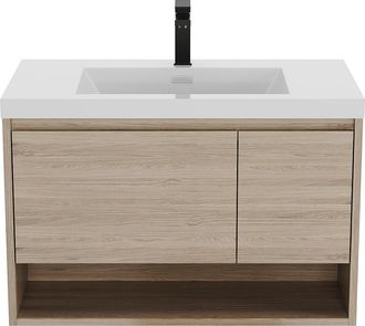 Vente-Unique Mueble de ba&ntilde;o suspendido con lavabo simple color natural claro con grifo - 90 cm - PUJUKA