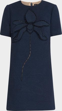 Oscar De La Renta Floral Embroidered Short Cotton Tweed Shift Dress